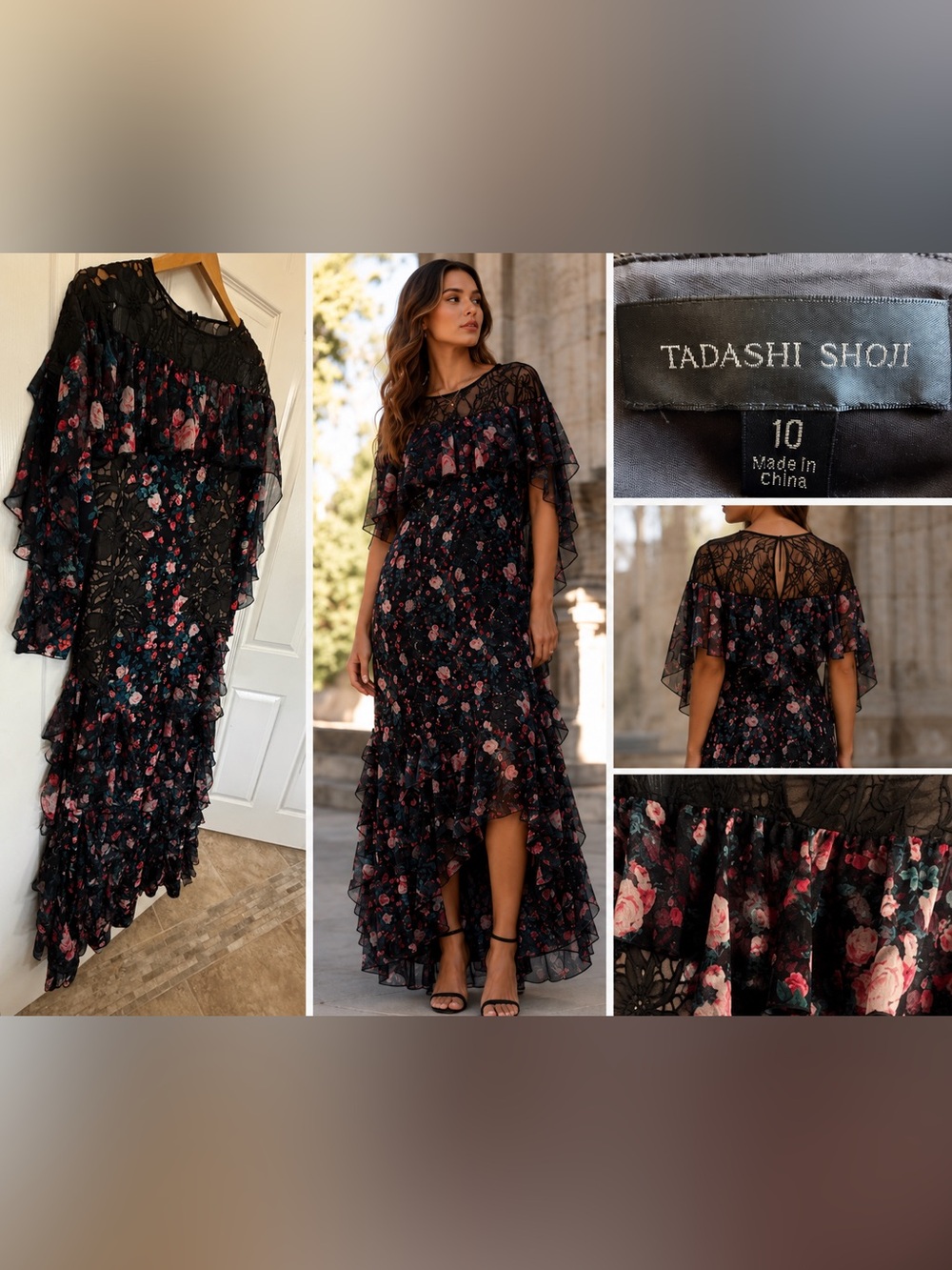 NWT Tadashi Shoji Floral Lace Ruffle High Low Maxi Dress Women’s Size 10 Black